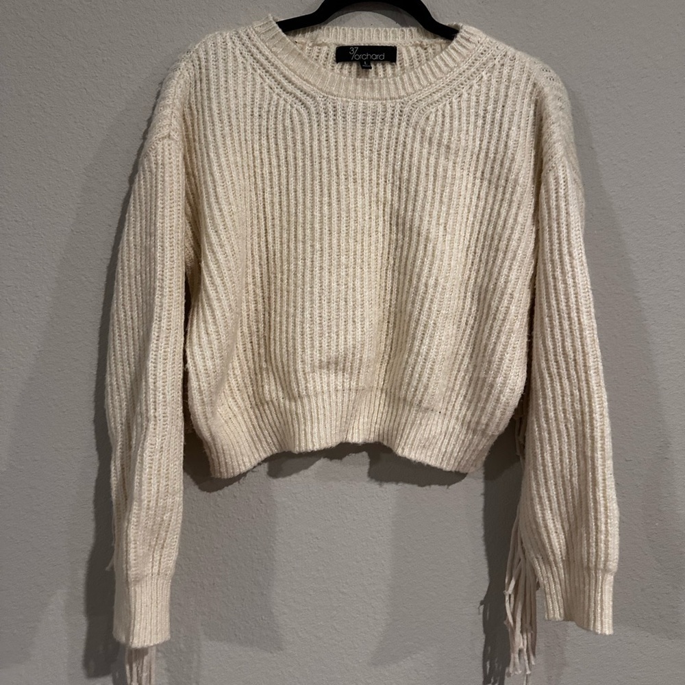 37 Orchard Cream Knit Sweater with Fringe Sleeves Size Large‎